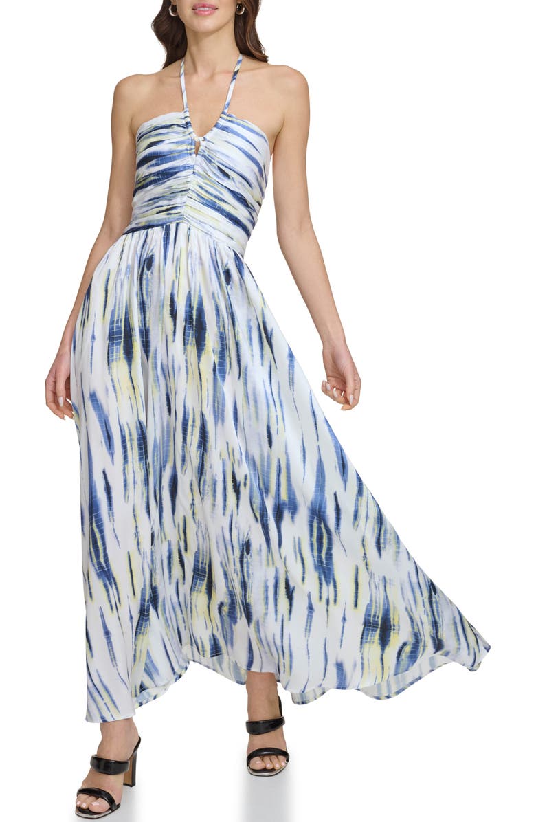 DKNY Tie Dye Halter Neck Satin Maxi Dress, Main, color,