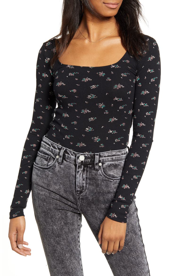 Ditsy Print Ribbed Top, Main, color, BLACK