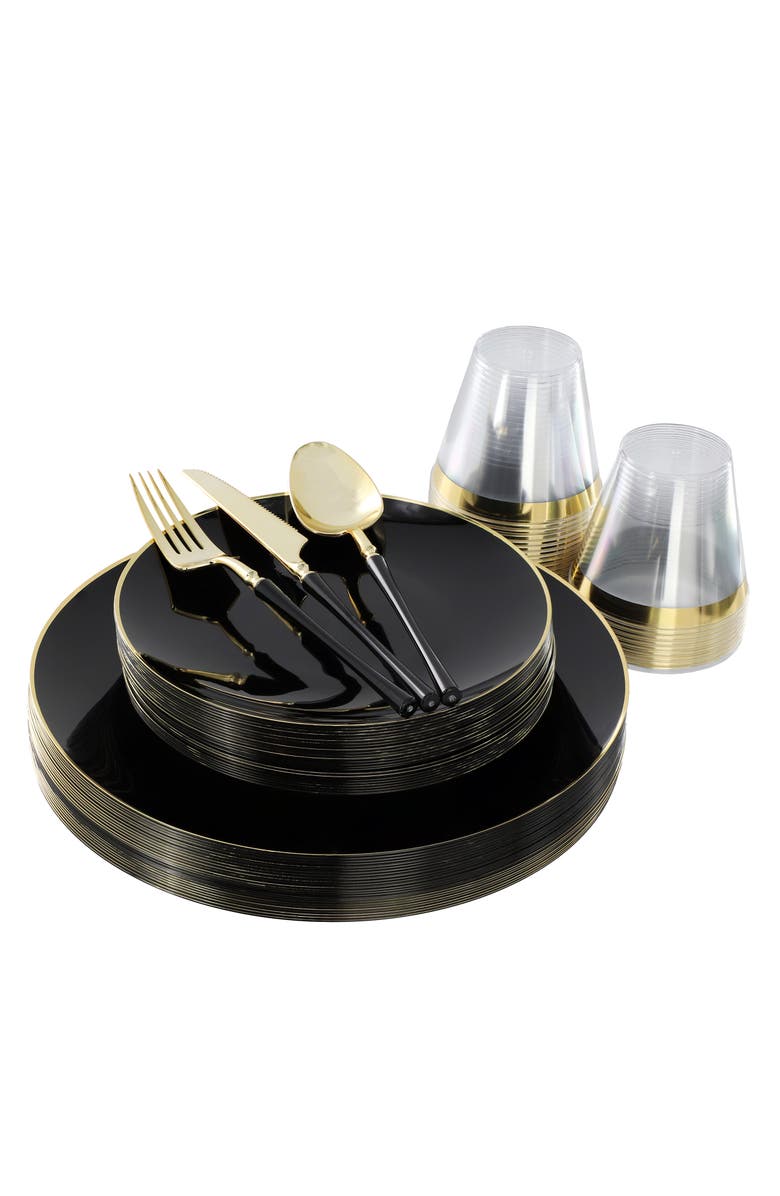 Elama Disposable Plastic Dinnerware Party Set in Black and Gold, Alternate, color, Black