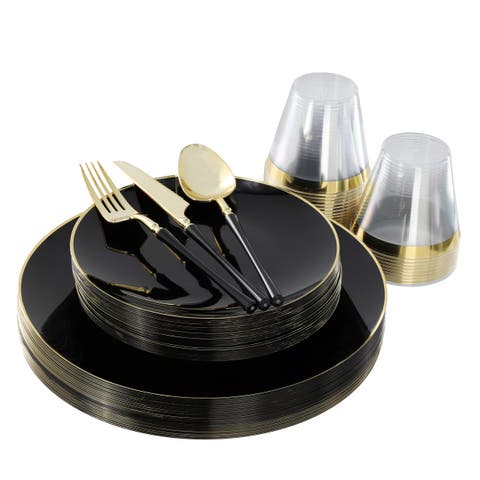 Disposable Plastic Dinnerware Party Set in Black and Gold