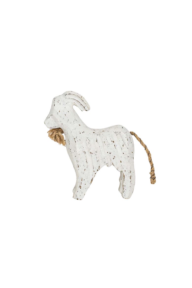 Carved Goat Decorative Accent White Wood & Jute, Main, color, White