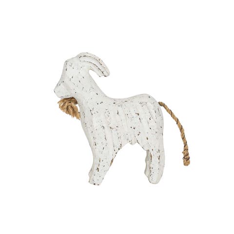 Carved Goat Decorative Accent White Wood & Jute