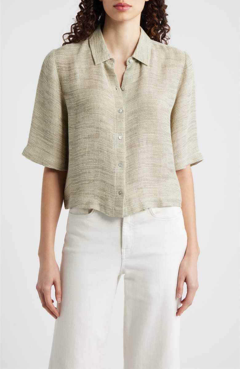Eileen Fisher Short Sleeve Organic Linen Blend Button-Up Shirt, Main, color, Natural White