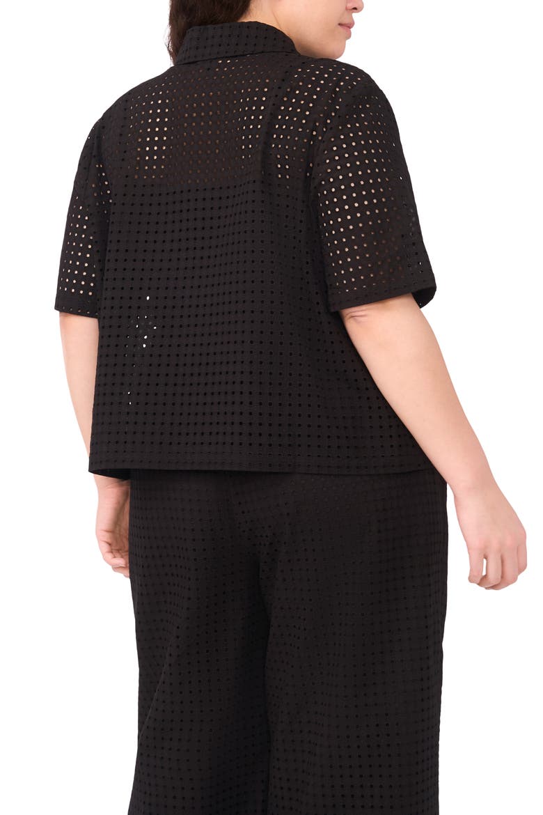 Eyelet Short Sleeve Button-Up Shirt, Alternate, color, RICH BLACK 060