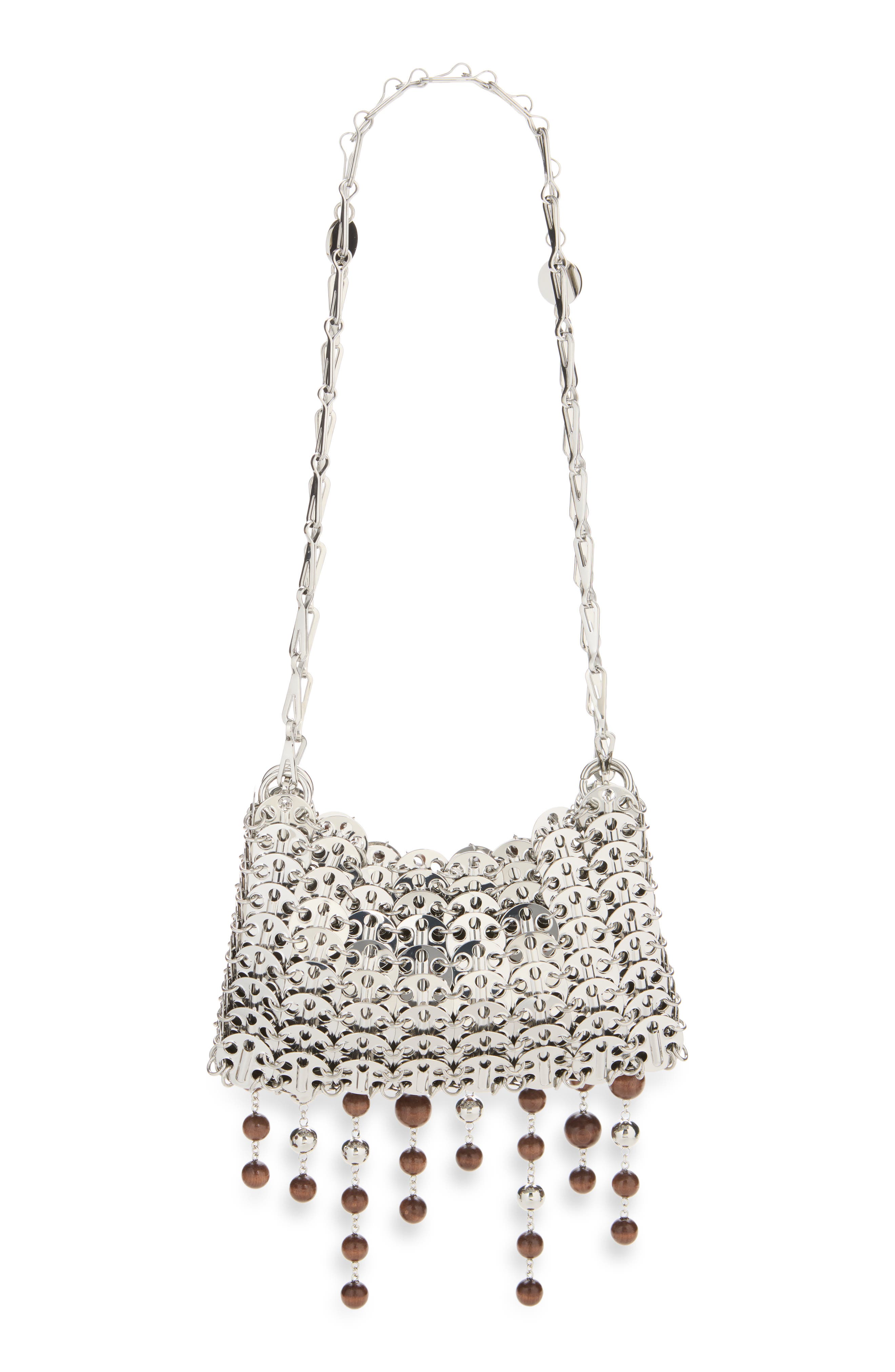 1969 Chain Mail Wooden Bead Shoulder Bag, Alternate, color, WOOD / SILVER