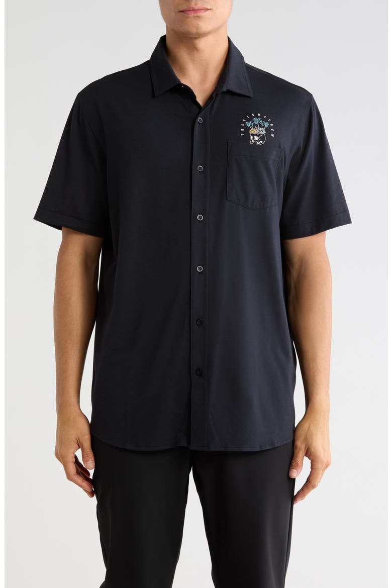 Poolside Pitcher Graphic Short Sleeve Button-Up Shirt, Main, color, BLACK