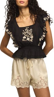 Lucky Brand Floral Embroidered Gauze Top