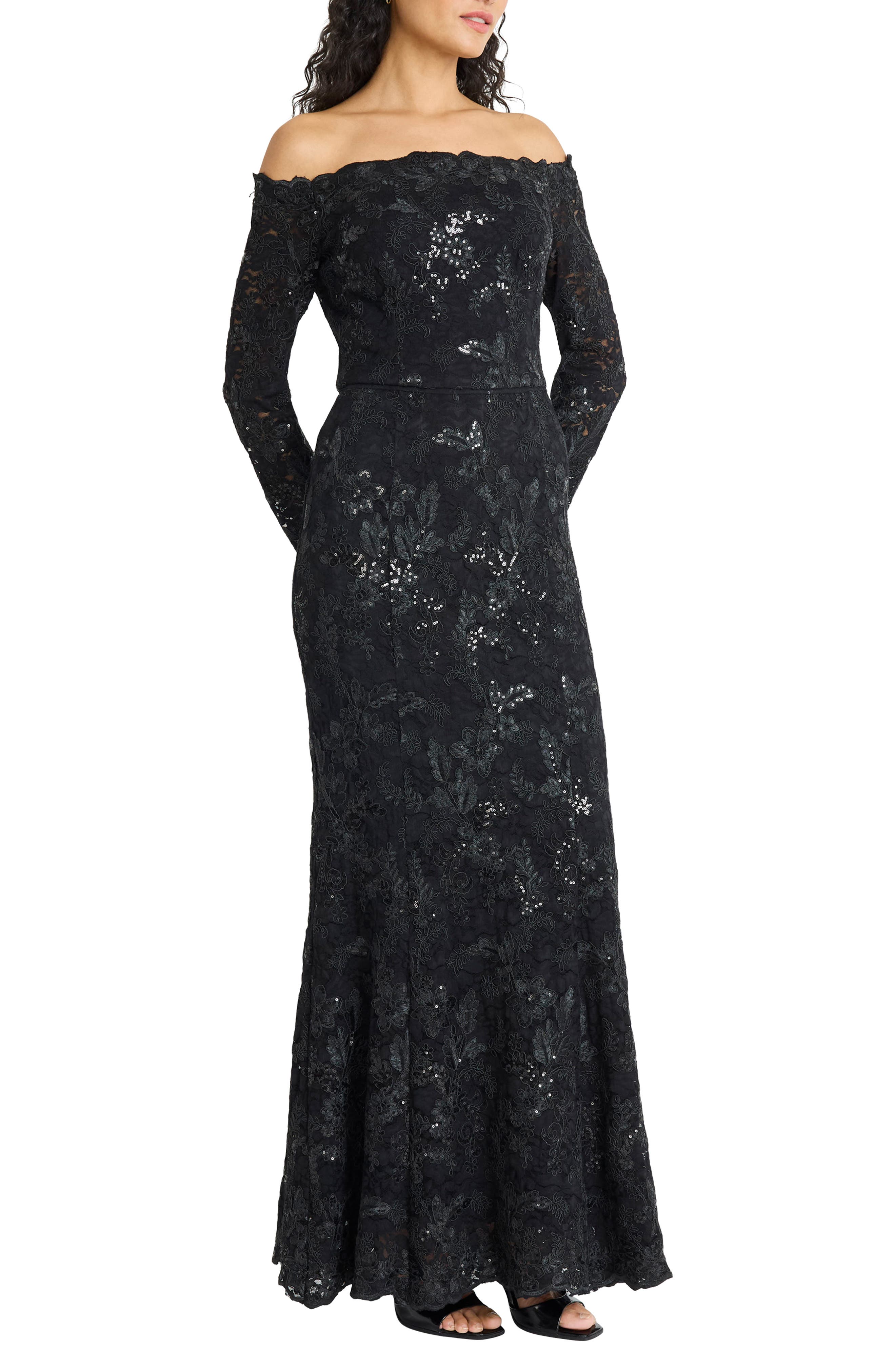 Maggy London Embellished Off the Shoulder Long Sleeve Gown in Black 
