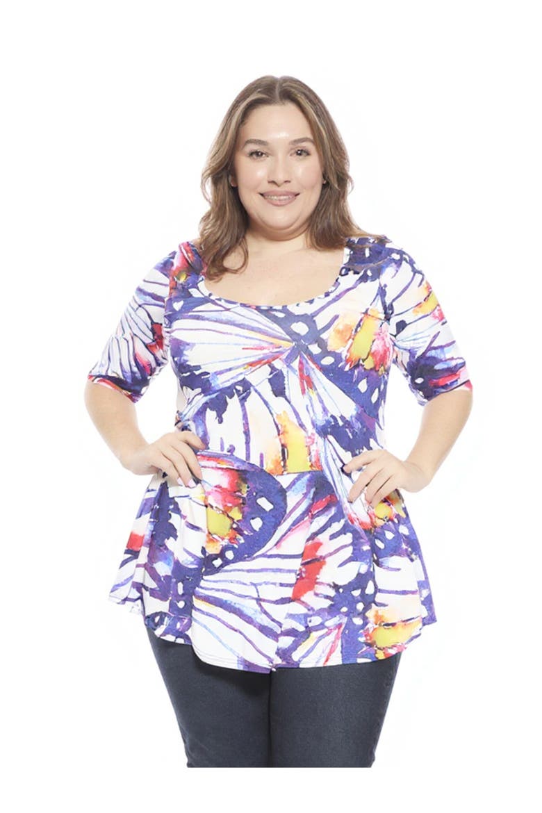 Plus Size Butterfly Scoop Neck Elbow Sleeve Tunic Top, Main, color, Purple Multi