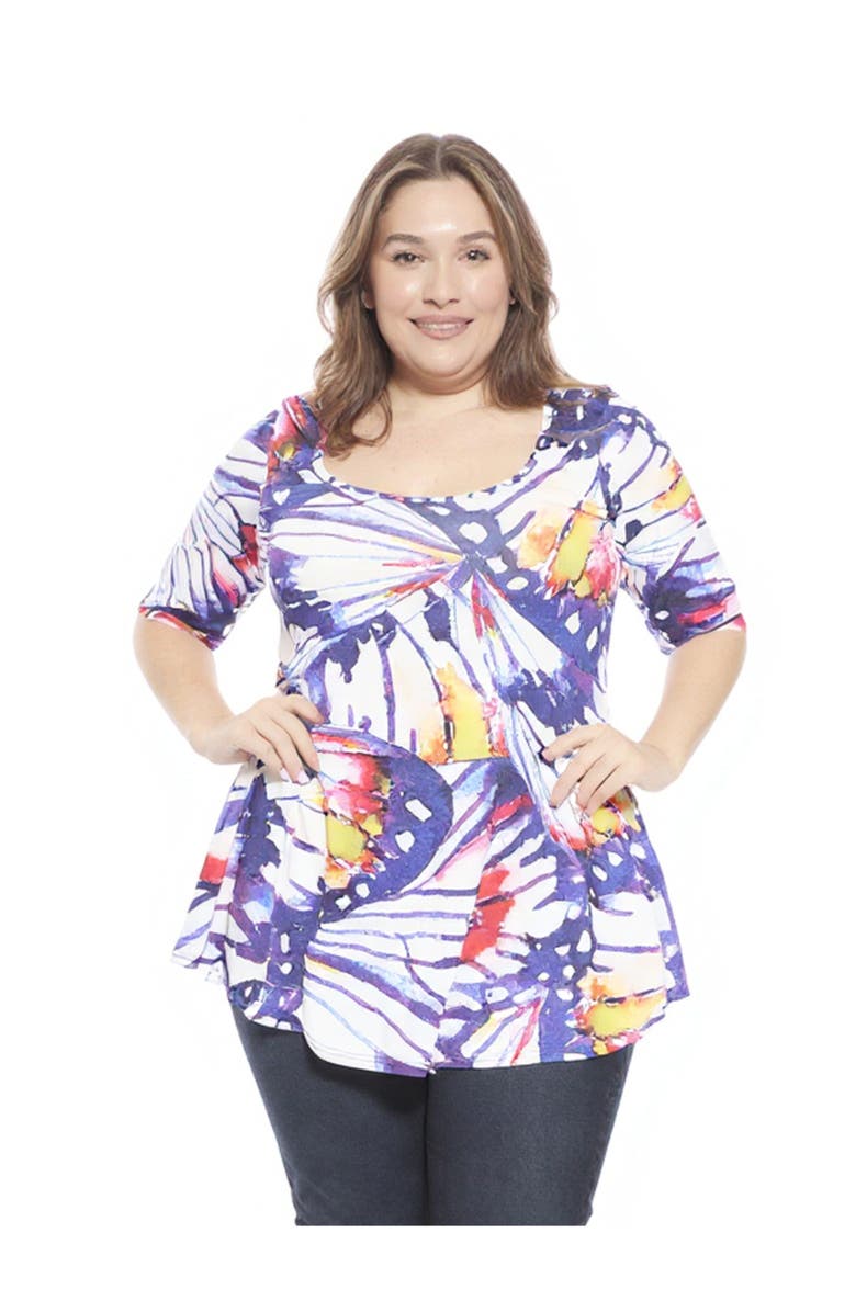 24seven Comfort Apparel Plus Size Butterfly Scoop Neck Elbow Sleeve Tunic Top, Main, color, Purple Multi