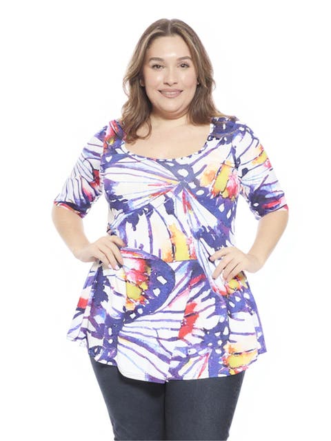 Plus Size Butterfly Scoop Neck Elbow Sleeve Tunic Top