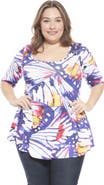 24seven Comfort Apparel Plus Size Butterfly Scoop Neck Elbow Sleeve Tunic Top