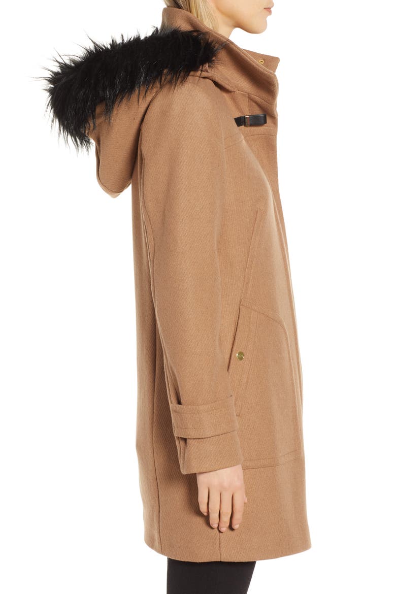 Wool Blend Twill Duffle Jacket with Faux Fur Trim, Alternate, color, CAMEL