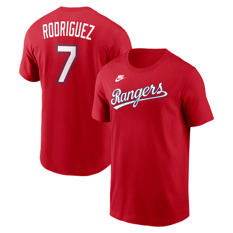 Men's Nike Ivan Rodriguez Red Texas Rangers Cooperstown Collection Name & Number T-Shirt