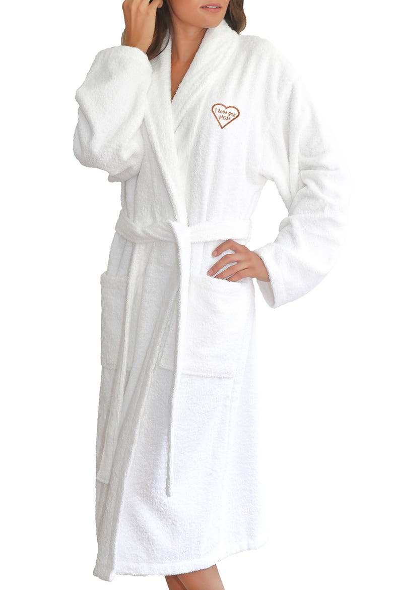 Mèlange 'I Love You Mom' Embroidered White Terry Bathrobe, Main, color, WHITE