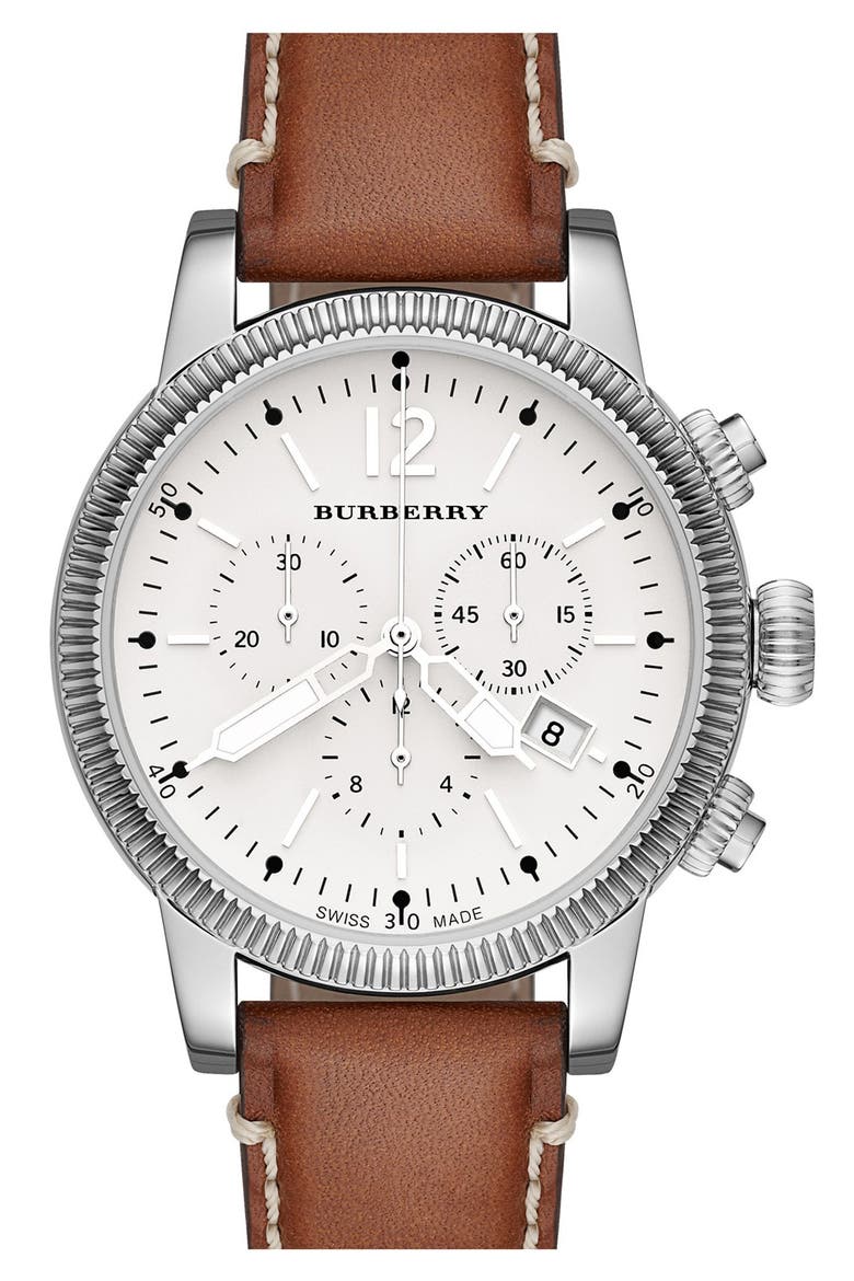 Round Leather Strap Watch, 42mm, Main, color, COGNAC