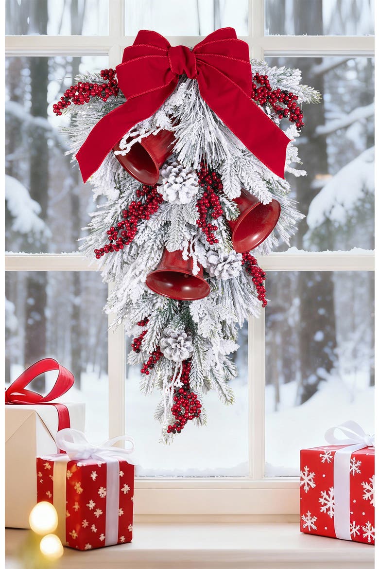 Christmas Flocked Pinecone & Berry Teardrop Wreath, Alternate, color, White