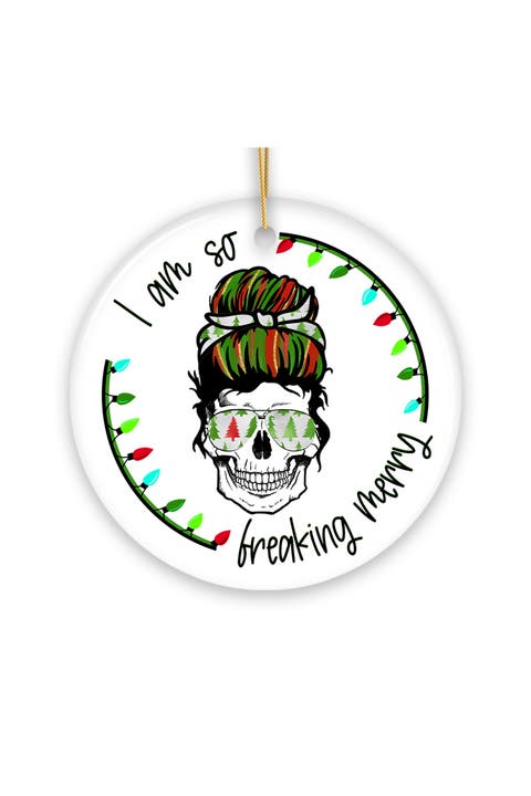 Freaking Merry Holiday Skull Ceramic Ornament