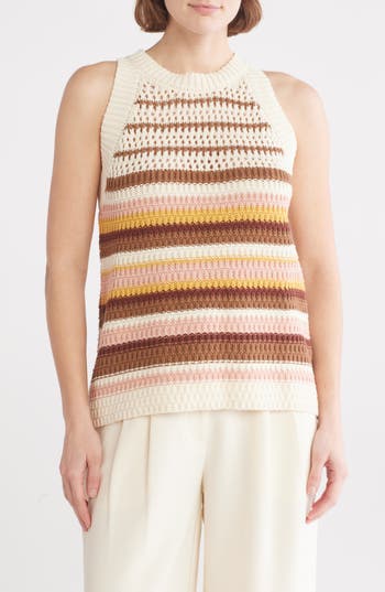 Dr2 By Daniel Rainn Pointelle Stripe Sweater Tank In Beige/pink