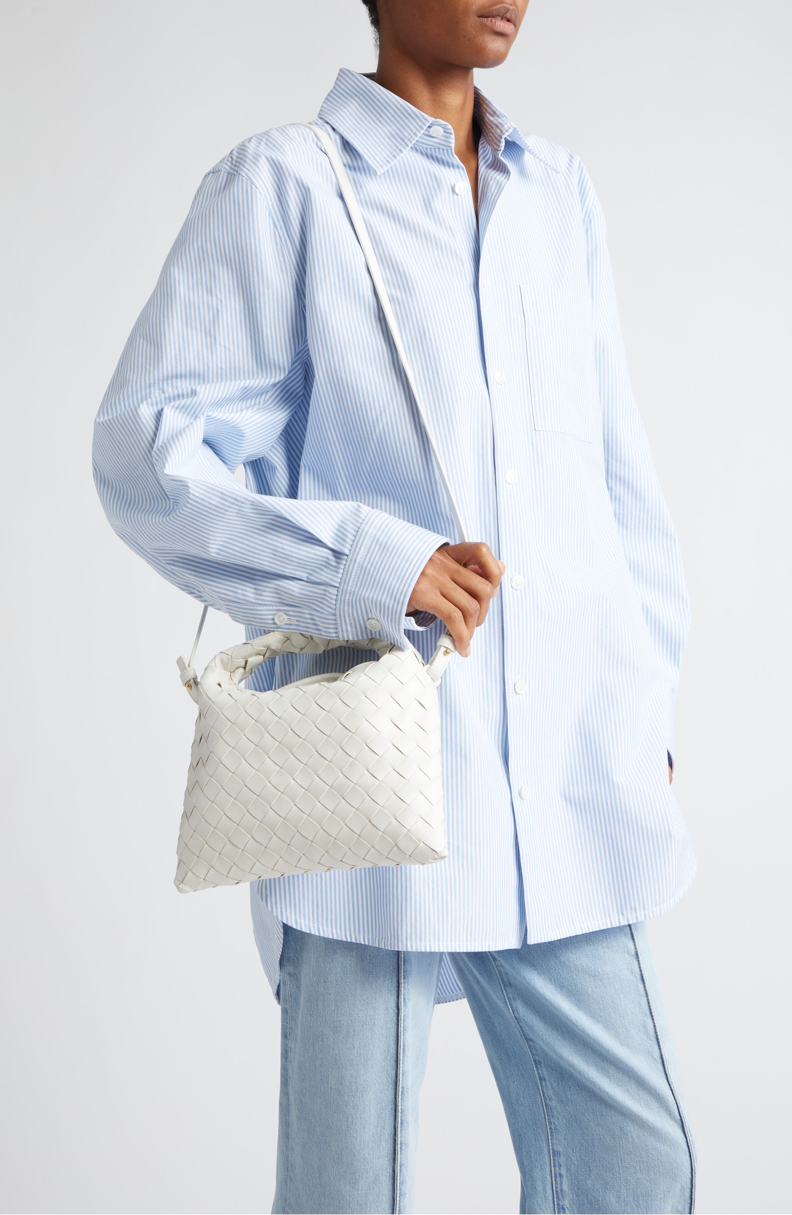 Mini Hop Intrecciato Leather Hobo Bag, Alternate, color, WHITE/ BRASS/ WHITE
