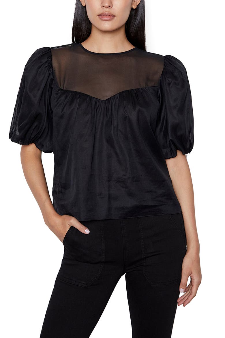Sheer Inset Silk Organza Top, Main, color, NOIR