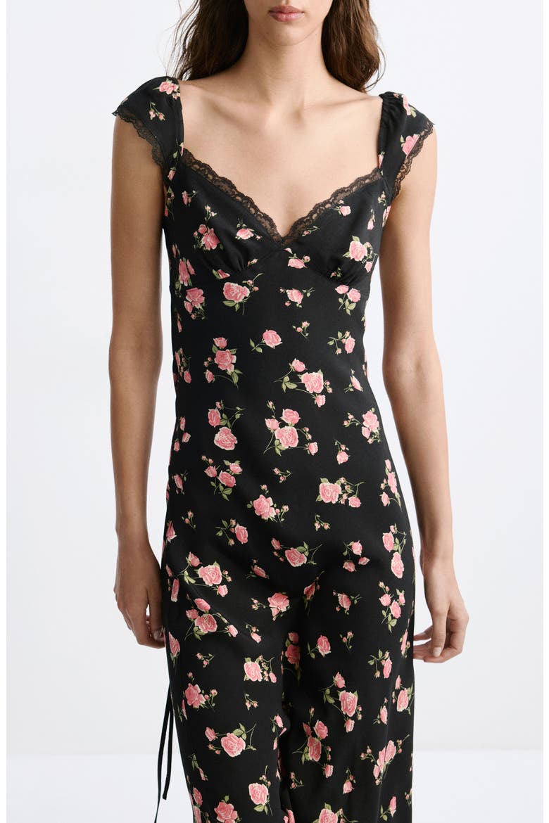 Floral Lace Trim Midi Dress, Alternate, color, BLACK
