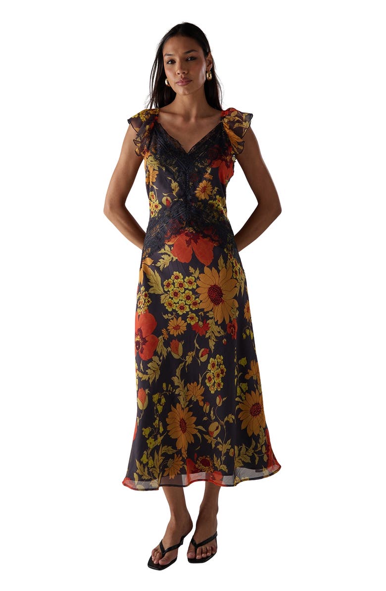 Warehouse Lace Insert Frill Sleeve Midi Dress, Main, color, Floral