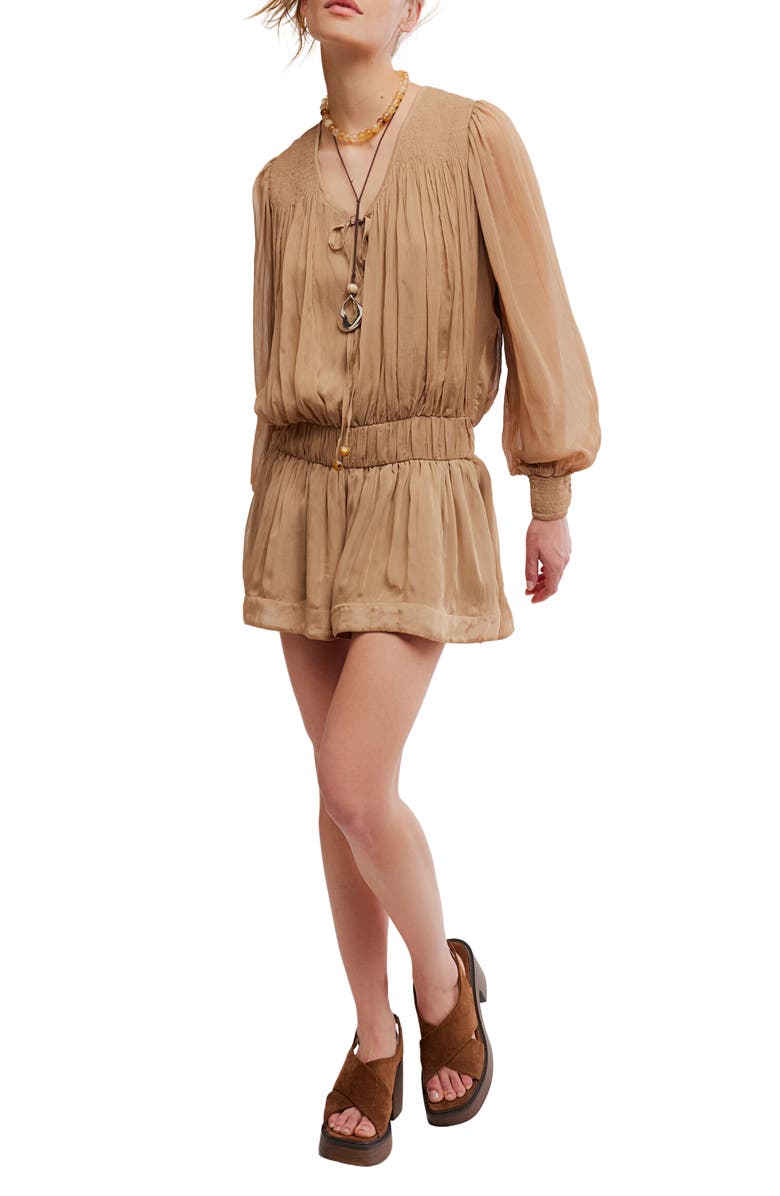 Free People Sunbeam Long Sleeve Cotton Blend Minidress, Main, color, Tannin