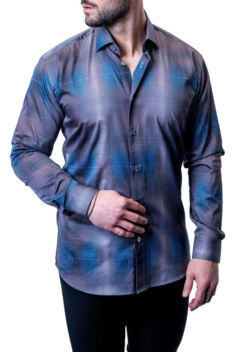 Fibonacci Shiny Chrome Multi Button-Up Shirt, Main, color, BLUE MULTI