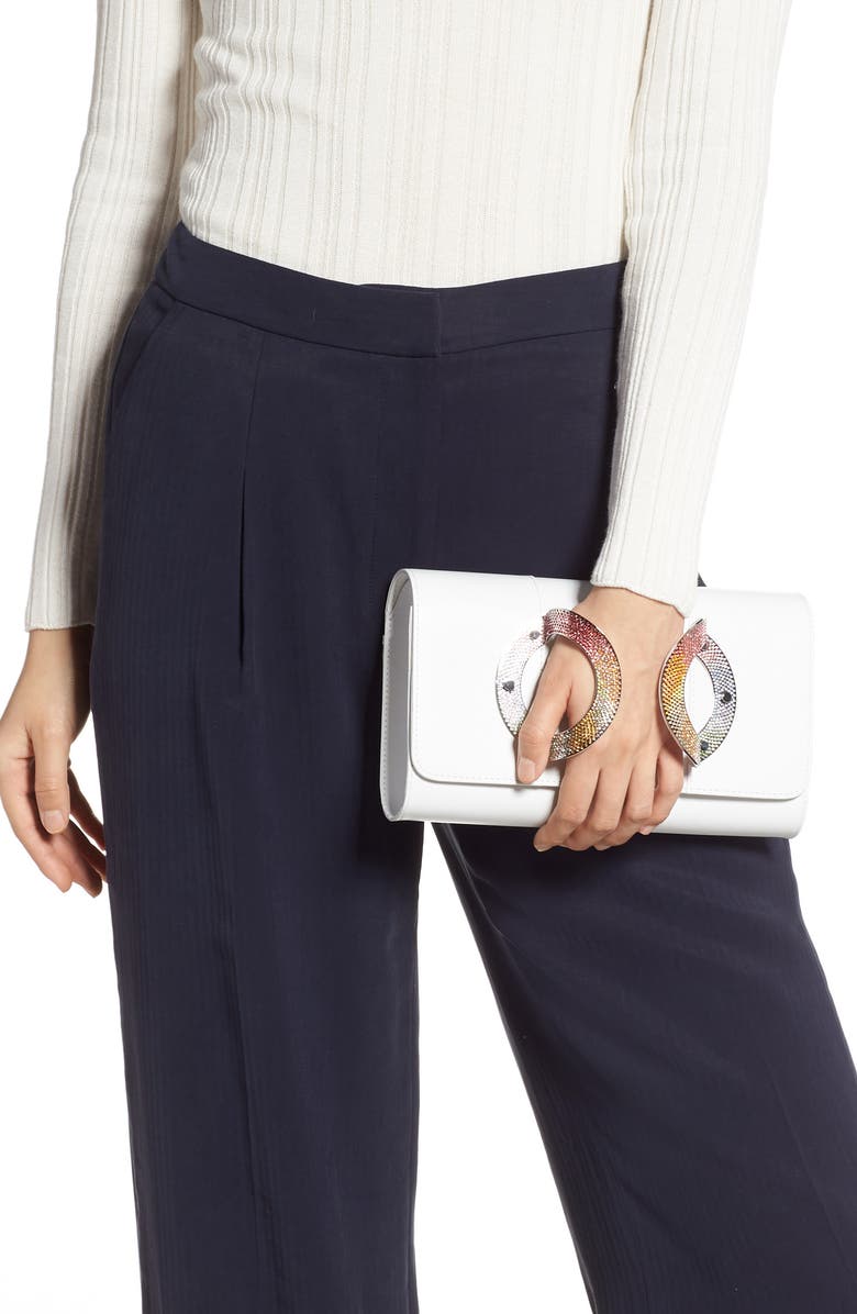 PERRIN La Croisette Crystal Embellished Leather Clutch, Alternate, color,