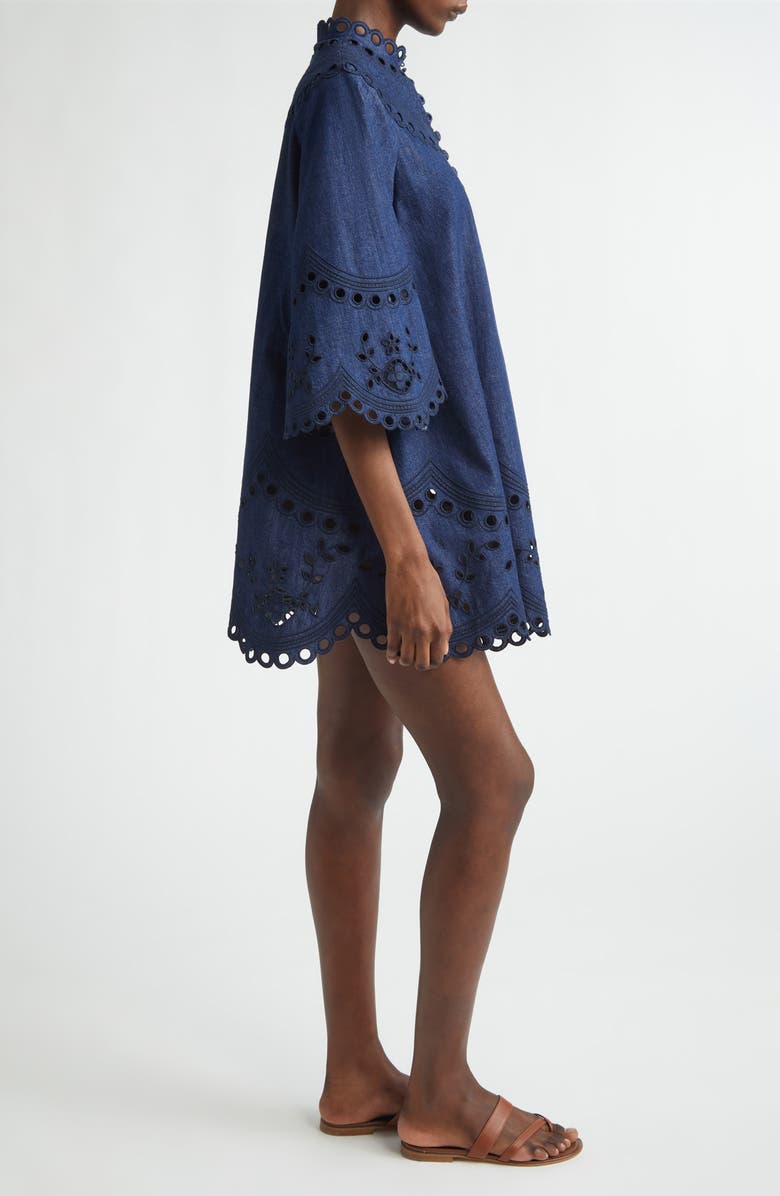 Zimmermann Mohan Broderie Anglaise Trim Denim Minidress, Alternate, color, Ink