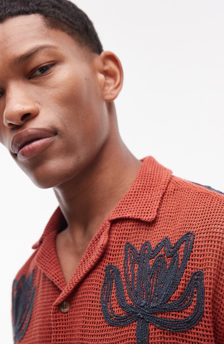 Topman Oversize Floral Appliqué Camp Shirt, Alternate, color, Rust