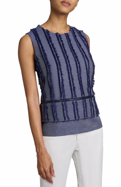 CATERINA Sleeveless Top with Zipper Detail in Stripe Fringed Denim