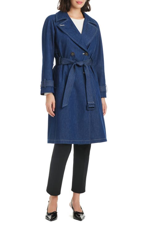 double breasted longline denim trench coat