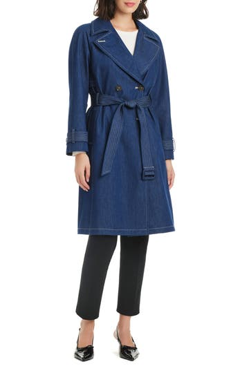 Kate Spade New York Double Breasted Longline Denim Trench Coat In Blue