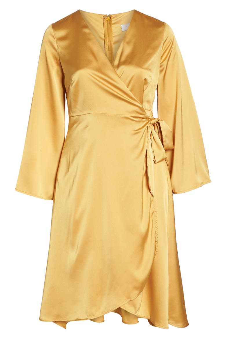 Satin Wrap Dress, Alternate, color, YELLOW