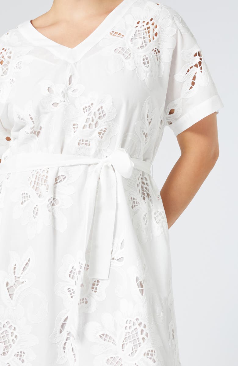 Marina Rinaldi Micaela Embroidered Short Sleeve Cotton Midi Dress, Alternate, color, Optical White