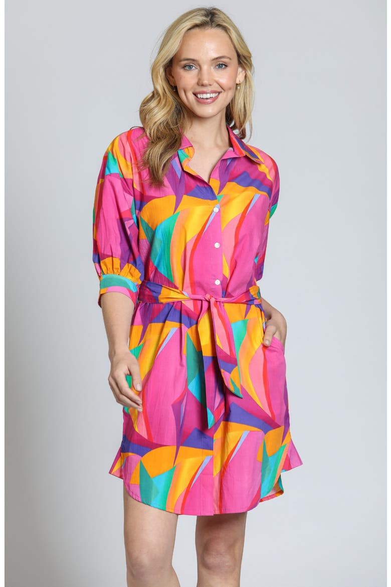 Print Cotton Belted Shirtdress, Alternate, color, PINK/ GREEN MULTI