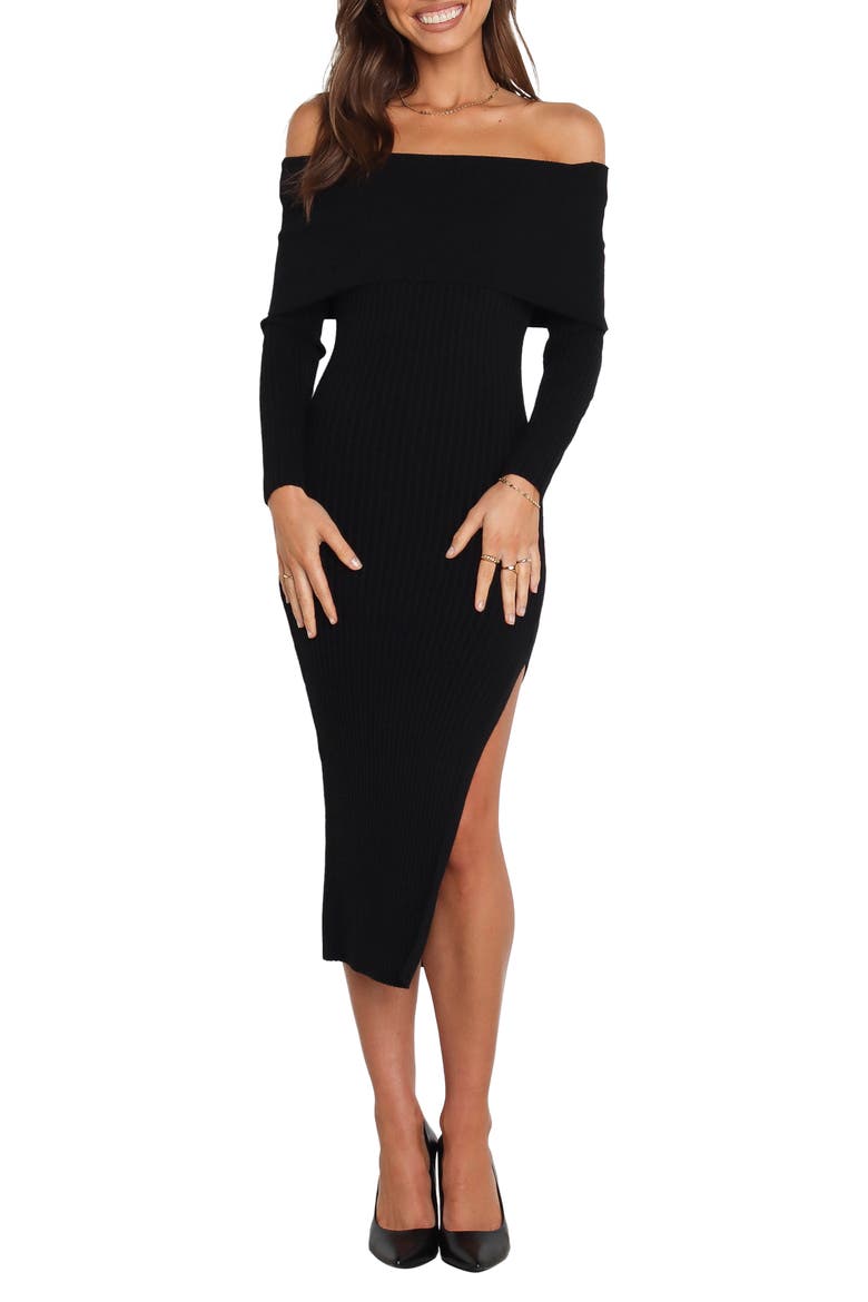 Yara Ribbed Off the Shoulder Long Sleeve Sweater Dress, Main, color, BLACK