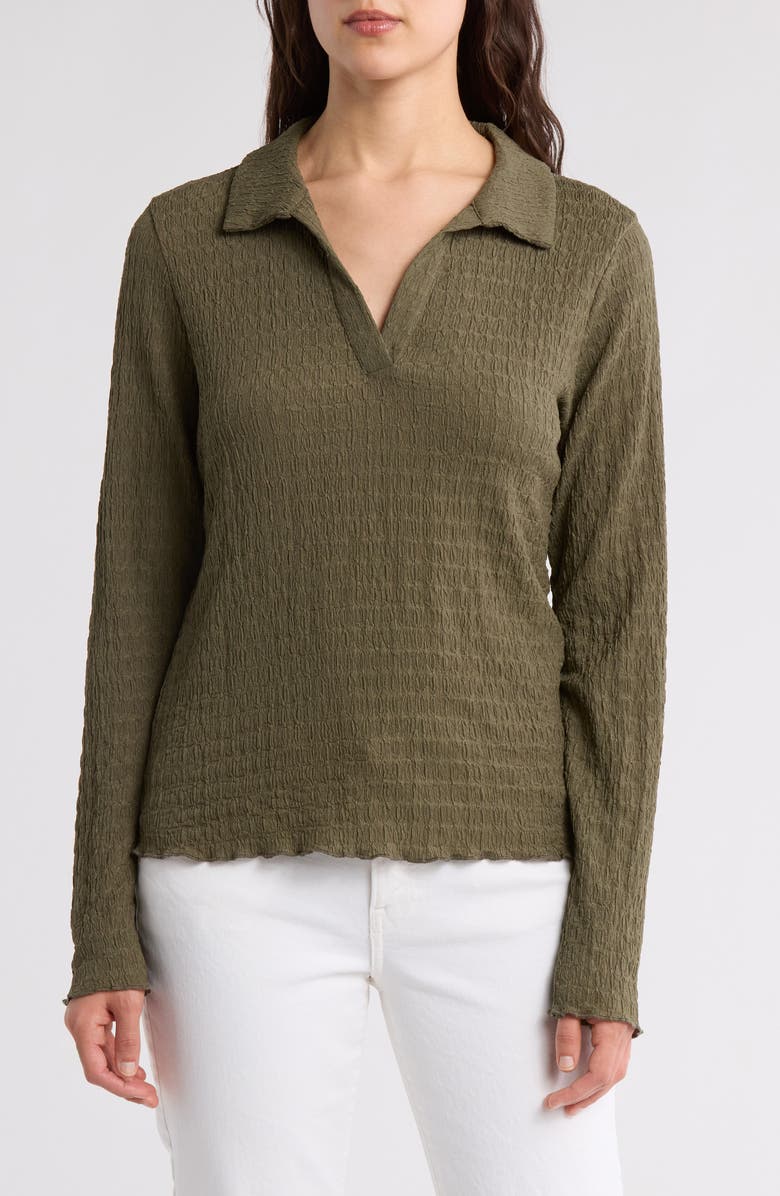 Sanctuary Textured Long Sleeve Polo, Main, color, Willow