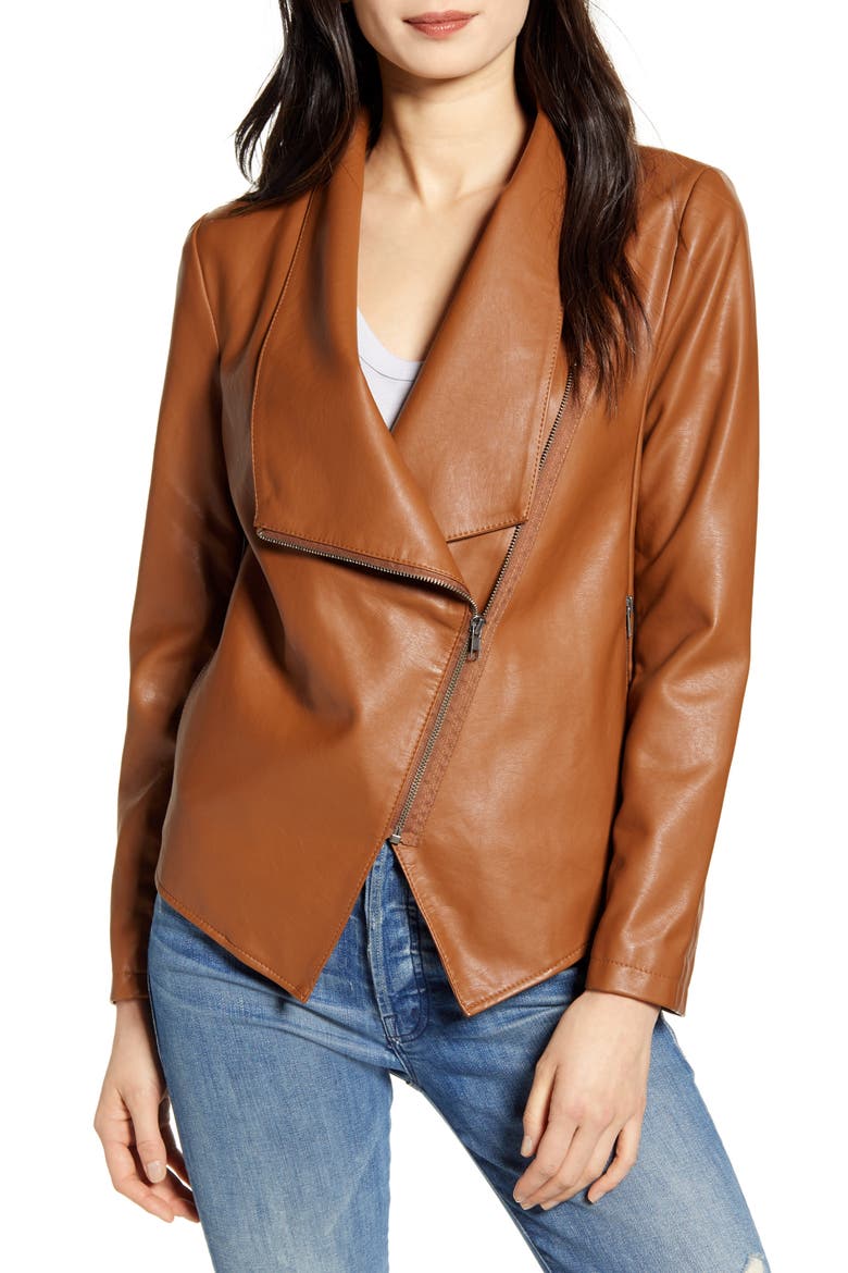BB Dakota Gabrielle Faux Leather Asymmetrical Jacket, Alternate, color, SADDLE BROWN