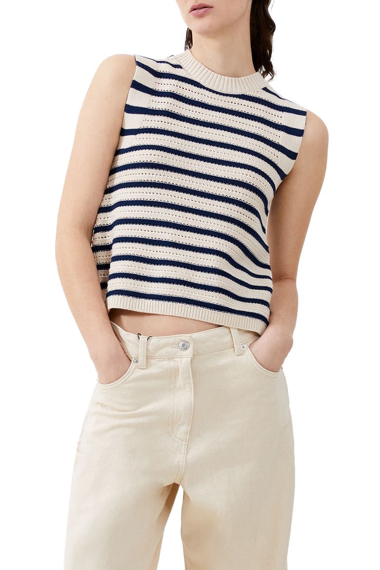 Lumi Mozart Open Stitch Sleeveless Cotton Sweater, Main, color, ECRU/ MIDNIGHT BLUE STRIPE