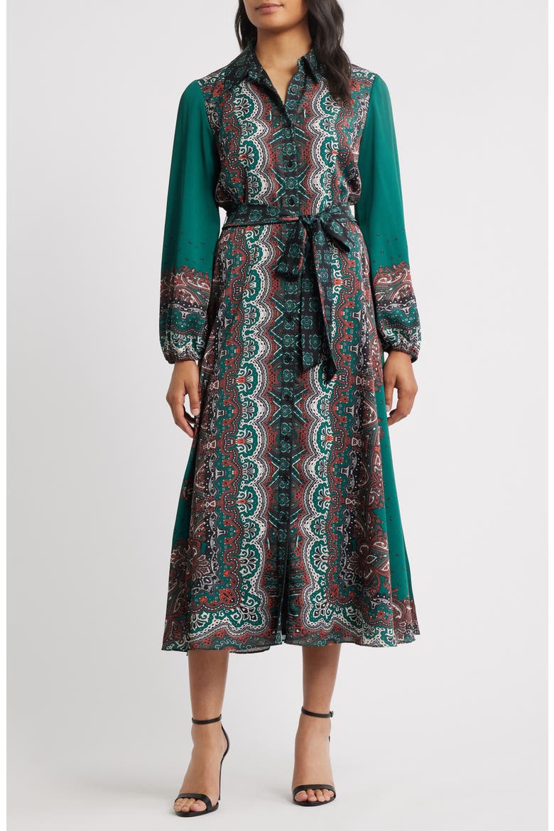 Print Long Sleeve Shirtdress, Main, color, GREEN MULTI