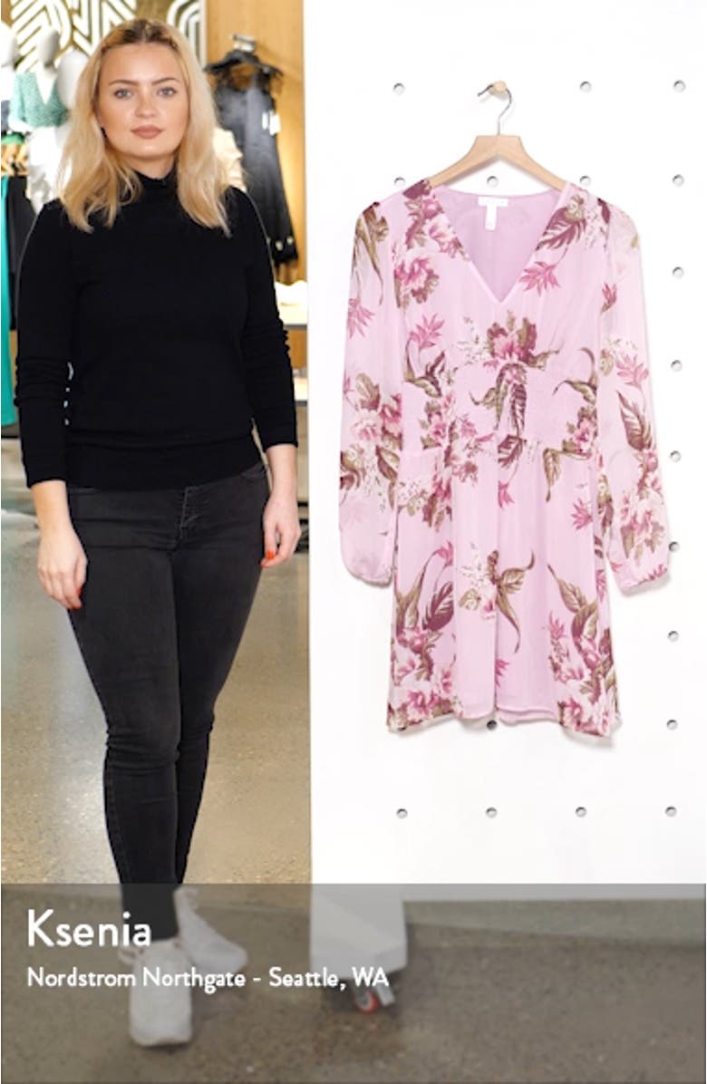 Smocked Waist Floral Print Long Sleeve Minidress, sales video thumbnail