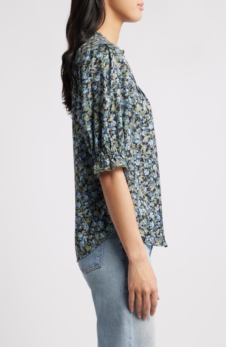 Wit & Wisdom Print Ruffle Eyelet Shirt, Alternate, color, Black/ Deep Seagrass Multi