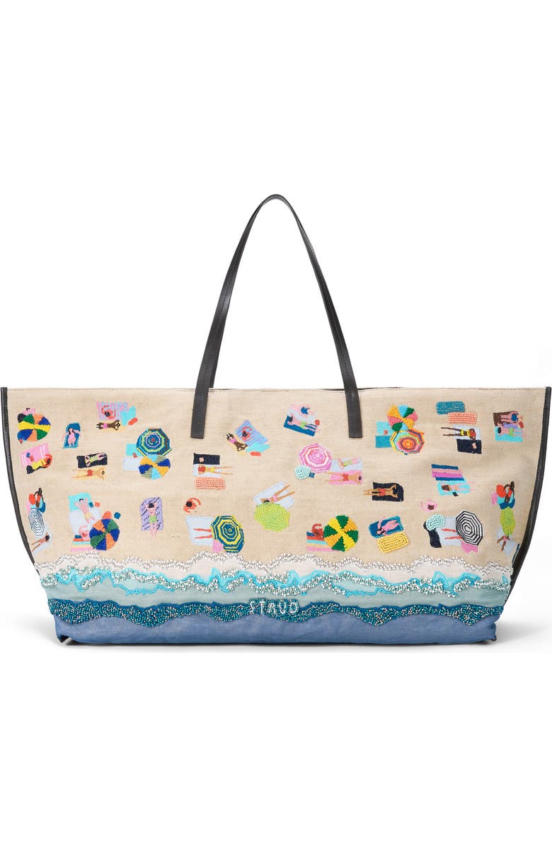 STAUD Large Christos Beaded & Embroidered Jute Tote, Main, color, Beach Day