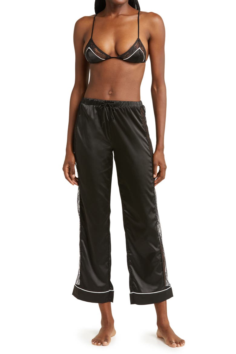 Lace Trim Satin Bralette & Pants, Main, color, BLACK