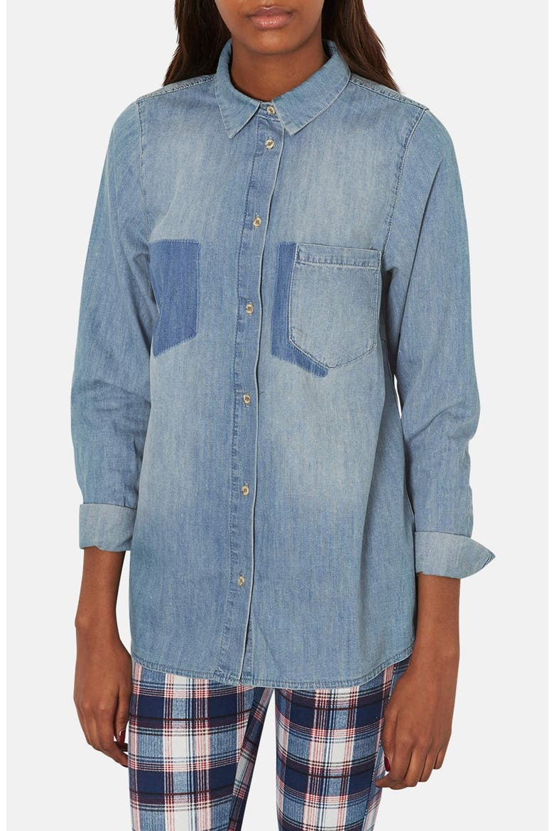 Moto Contrast Patch Denim Shirt, Main, color, LIGHT DENIM
