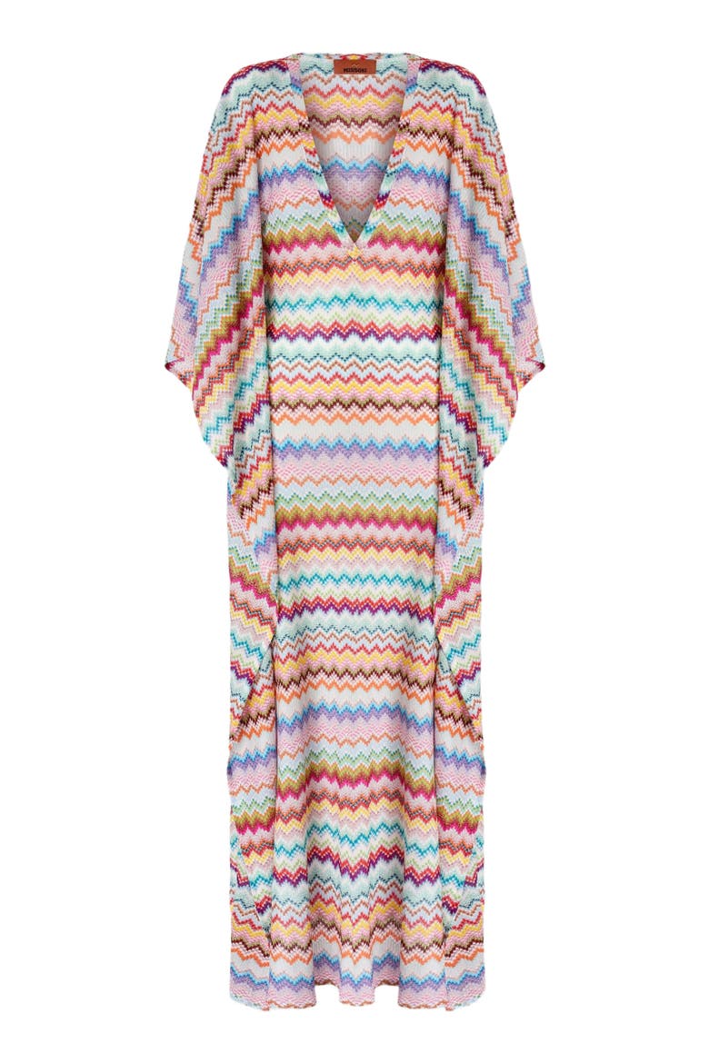 Long Caftan Cover-up With Micro Pixel-effect Zigzag Pattern, Alternate, color, Multicoloured