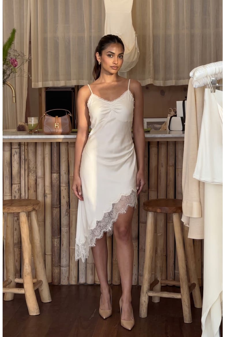 Asymmetric Satin Slip Dress with Lace Trim, Alternate, color, White